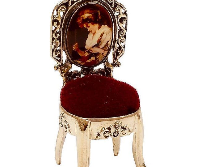 Antique Inspired Collectable Chair Enamel Lady Sewing Pin Cushion 925 Sterling Silver