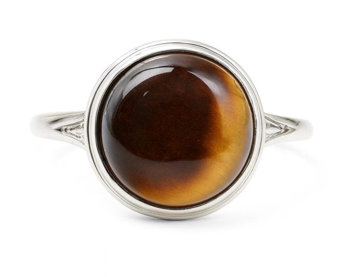 Sterling Silver Natural Tigers Eye Ring • Round Cabochon Gemstone Statement Ring • Vintage Style Brown Golden Cat’s Eye Jewelry Gift for Her
