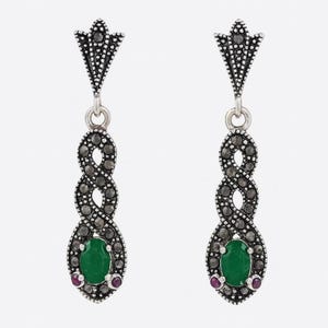 Art Deco Inspired Natural Ruby, Emerald and Marcasite 925 Sterling Silver Earrings Gift for Her