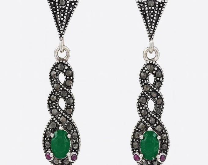 Art Deco Inspired Natural Ruby, Emerald and Marcasite 925 Sterling Silver Earrings Gift for Her