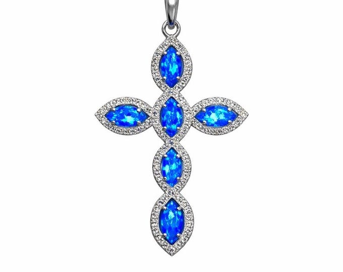 Blue Gilson Opal Cross Pendant 925 Sterling Silver