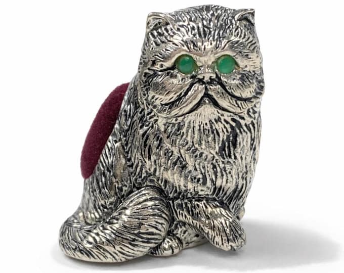 Vintage Style Silver Plated Cat Pin Cushion Emerald Eyes Collectible Figurine Gift for Collectors