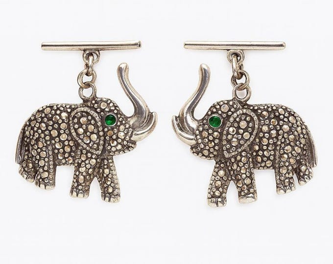 925 Sterling Silver Marcasite and Emerald Elephant Cufflinks Mens Gift