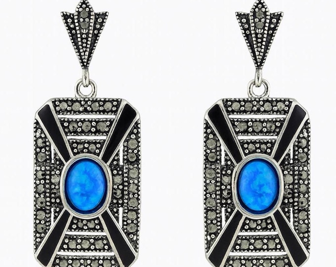 Art Deco Inspired White Gilson Opal, Onyx and Marcasite 925 Sterling Silver Earrings