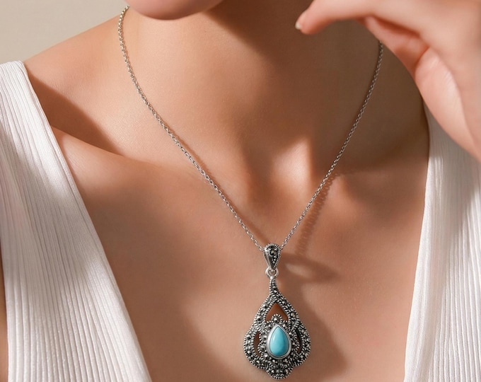 Art Deco Turquoise and Marcasite 925 Sterling Silver Pendant