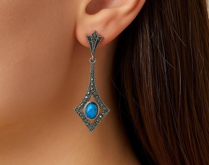 Vintage Art Deco Sterling Silver Opal Drop Earrings, Marcasite Dangle Earrings, 925 Silver Statement Jewelry Gift for Her