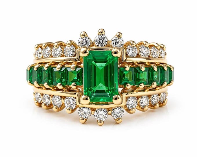 Natural Emerald and Diamond Engagement Ring 14K