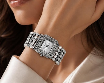 Reloj de pulsera vintage de plata de ley con marcasita y perlas, elegante reloj de vestir para mujer.