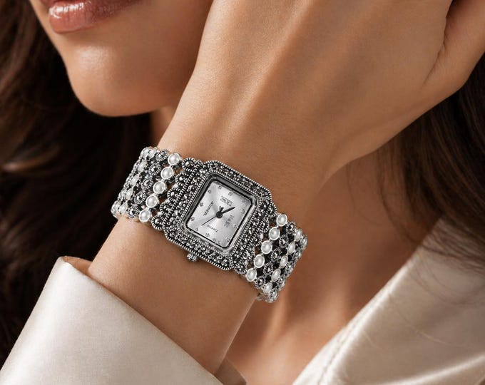 Vintage Marcasite and Pearl Sterling Silver Bracelet Watch, Elegant Women’s Dress Watch