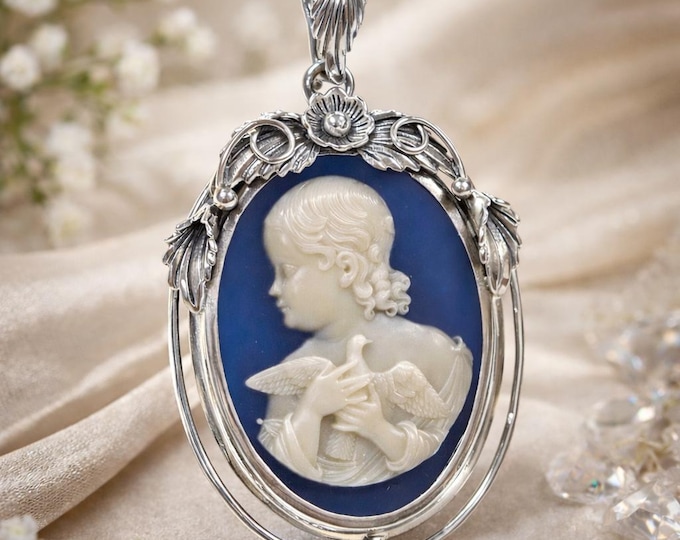 Art Nouveau Inspired Floral Blue Cameo Girl Pendant 925 Sterling Silver