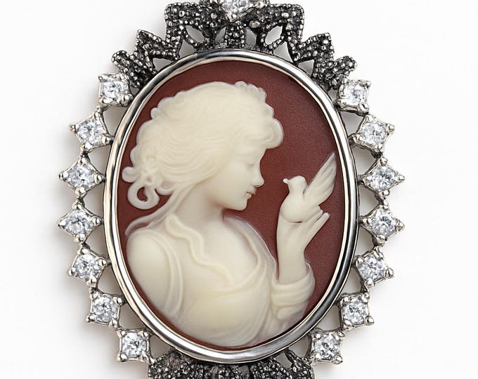 Vintage Style Silver Plated Cameo Pendant Necklace Oval Lady Profile with Marcasite and CZ Accents Victorian Inspired Statement Jewelry