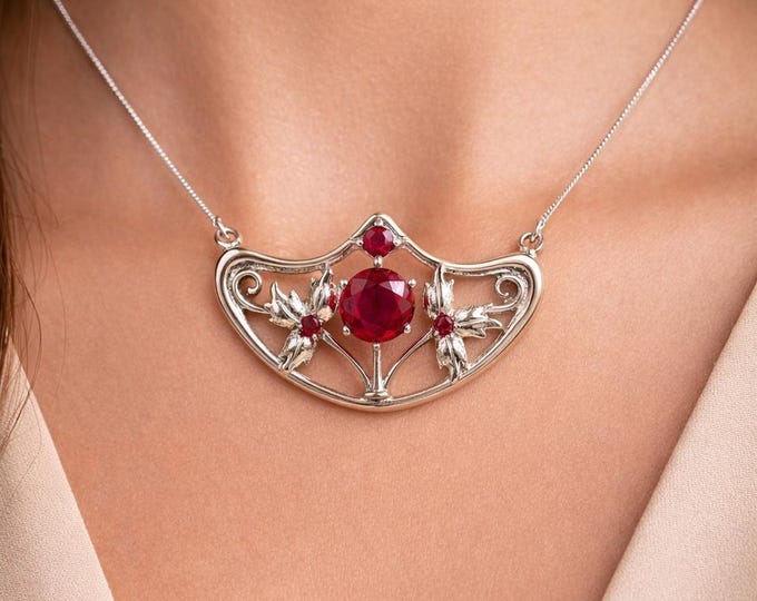 Art Nouveau Inspired Floral Ruby Necklace 925 Sterling Silver Hallmarked