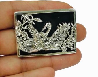 アンティークスタイルのオニキス2羽の白鳥のブローチ 925スターリング
