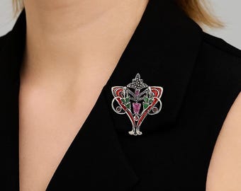 Art Nouveau Inspired Enamel Plique a Jour Ruby Marcasite Brooch 925 Sterling Silver