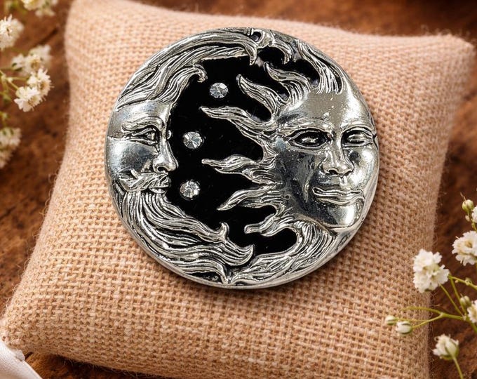 Antique Style Sun and Moon Stars Onyx Brooch 925 Sterling Silver