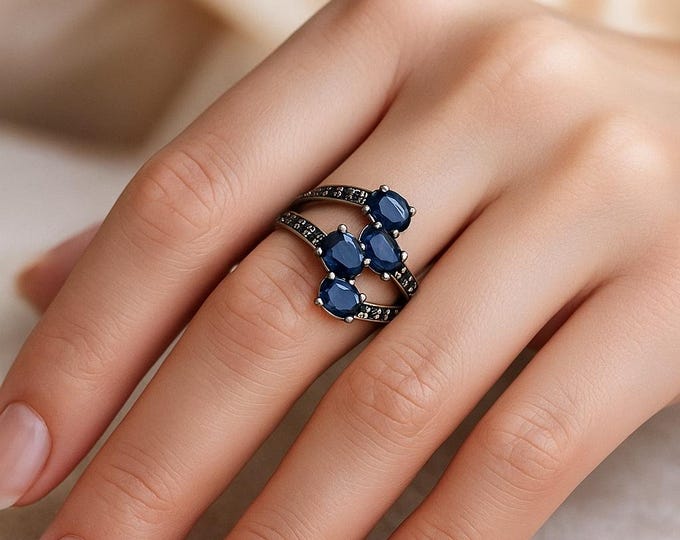 Genuine Chantaburi Sapphire Ring 925 Sterling Silver Multi-Stone Sapphire Band Natural Deep Blue Sapphire Jewelry Thai Sapphire Gift for Her