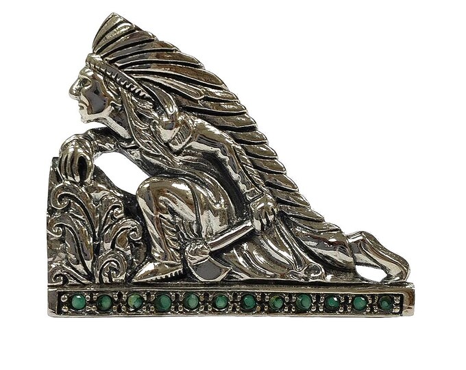 Native American Sterling Silver Indian Chief Emerald Brooch