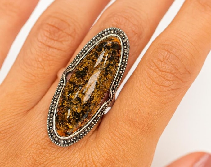 Vintage Style Amber and Marcasite Ring 925 Sterling Silver Gemstone Statement Cocktail Ring, Boho Jewelry Gift for Her