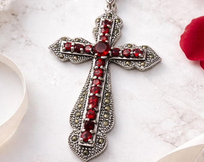 Victorian Style 925 Sterling Silver Garnet and Marcasite Cross Pendant Antique Inspired Gemstone Necklace