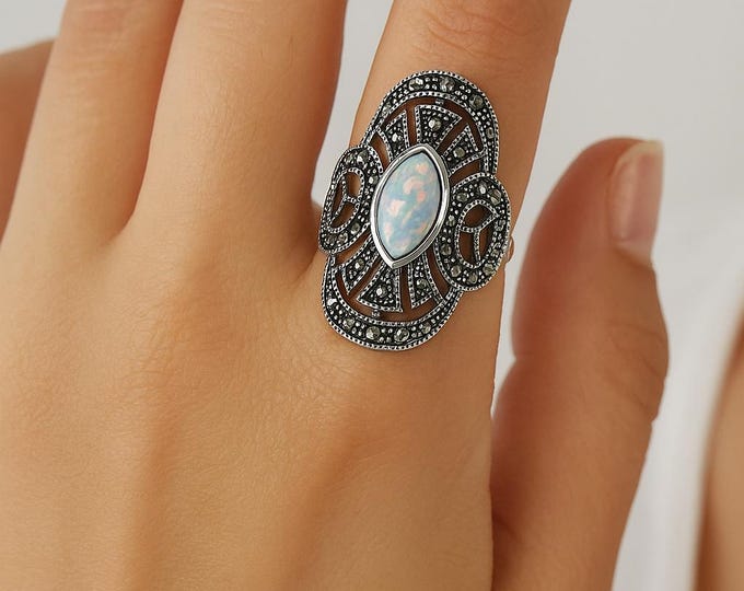 925 Sterling Silver Gilson Opal and Marcasite Statement Ring, Vintage Art Deco Filigree Jewelry, Long Boho Cocktail Ring for Women