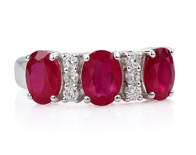 Three Stone Ruby and Emerald Ring 925 Sterling Silver Hallmarked