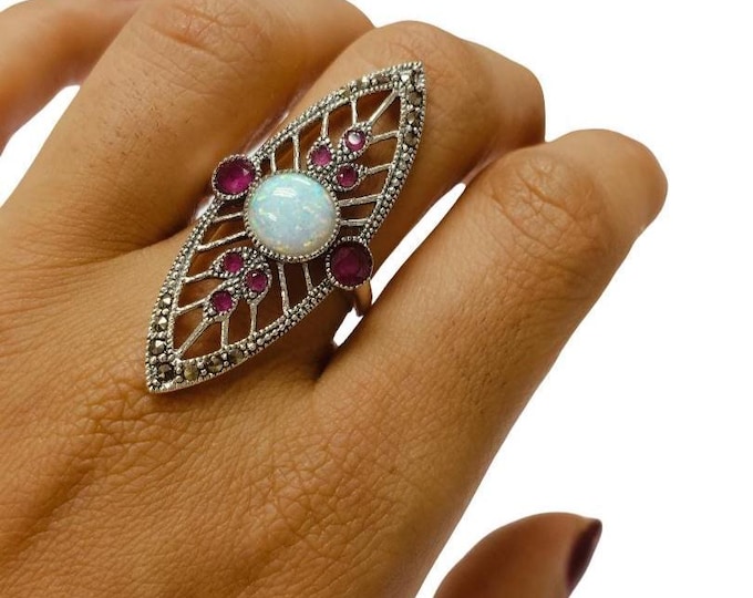 Art Deco Inspired Ruby, Emerald and White Gilson Opal Marcasite Ring 925 Sterling Silver Hallmarked