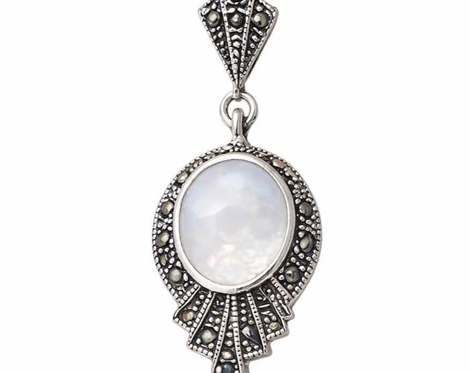 Art Deco Inspired Mother of Pearl and Marcasite Pendant 925 Sterling Silver