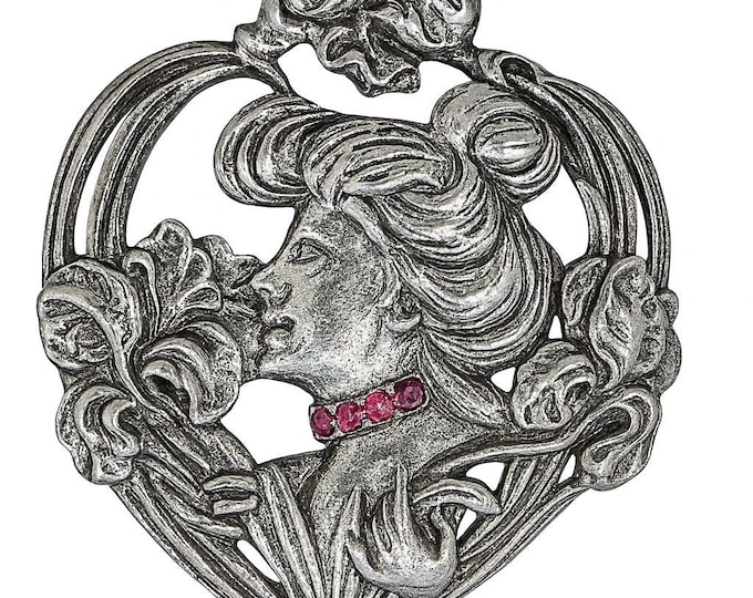 Art Nouveau Heart Brooch 925 Sterling Silver Lady and Iris Flower Pin Vintage Style Romantic Jewelry Gift for Her