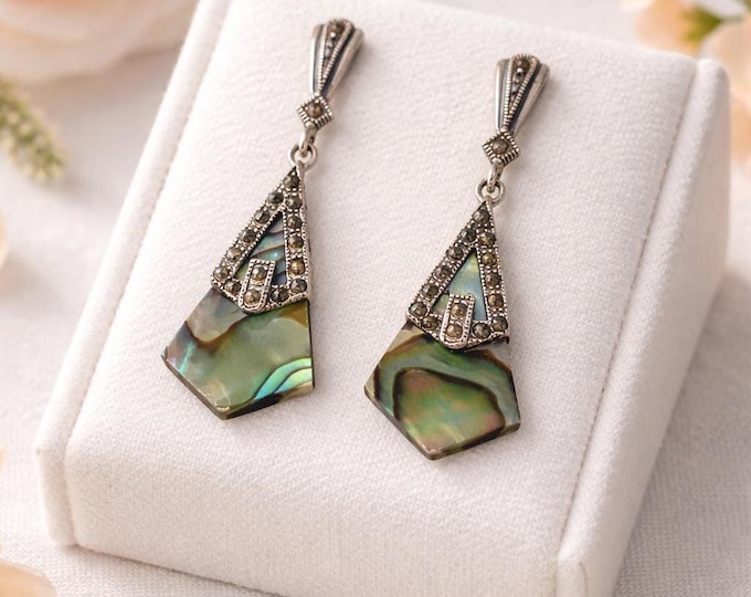Vintage Art Deco Sterling Silver Earrings with Abalone Shell and Marcasite Statement Dangle Drop Earrings for Women