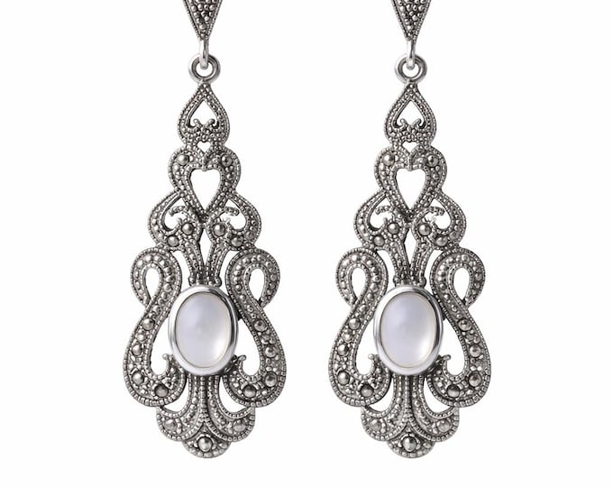 Art Deco Mother of Pearl Marcasite Dangle Earrings, 925 Sterling Silver