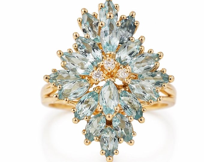 Blue Topaz Diamond Floral Cocktail Ring 14K Yellow Gold