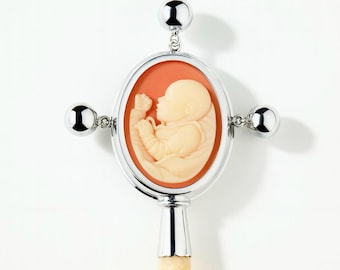 Vintage Baby Rattle with Baby Cameo Silver and Cream Floral Handle Keepsake Gift Christening or Baby Shower Gift