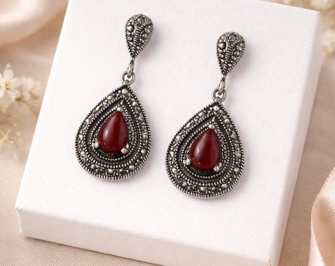 925 Sterling Silver Marcasite Earrings Vintage Art Deco Dangle Earrings