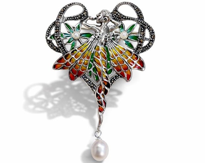 Art Nouveau Fairy Brooch Plique à Jour Enamel & Pearl, Sterling Silver Marcasite Fairy Pin