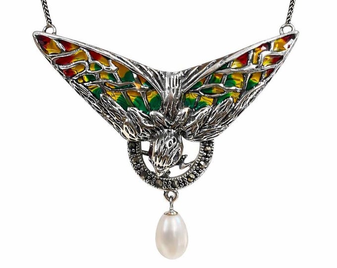 Art Nouveau Bird Wing Necklace, Plique à Jour Enamel Pendant, 925 Sterling Silver Pearl Drop