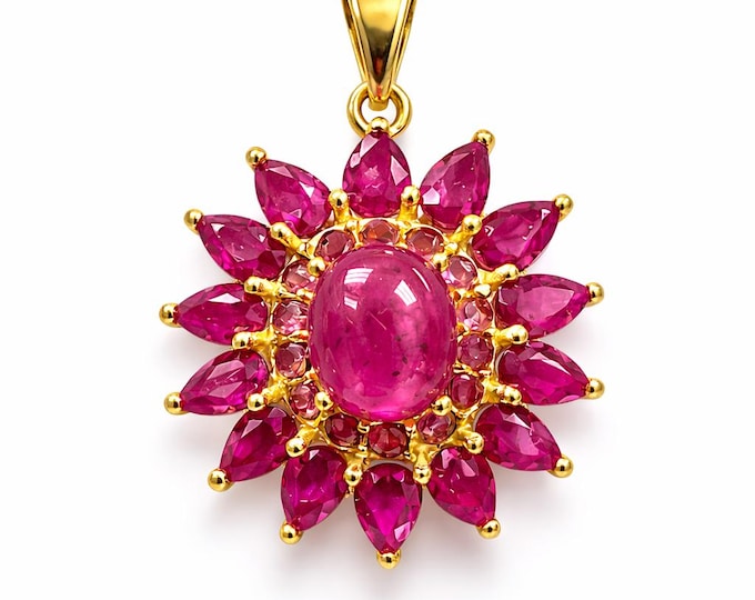 Radiant Natural Ruby Sunburst Pendant Gold Plated 925 Sterling Silver Luxury Statement Jewelry