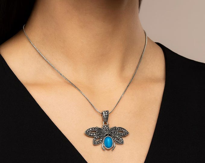 Antique Style Gilson Opal Marcasite Insect Brooch 925 Sterling Silver Hallmarked