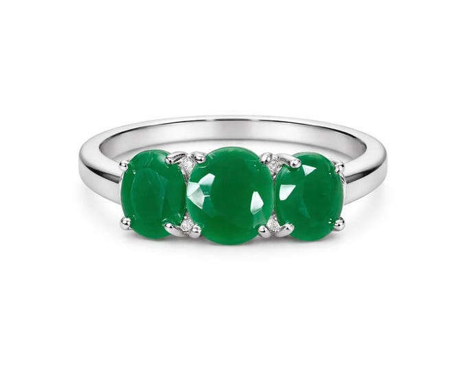 Three Stone Emerald Ring 925 Sterling Silver Hallmarked