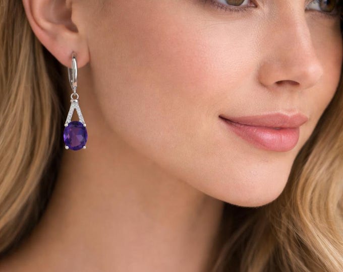 Genuine Amethyst Drop Earrings 925 Sterling Silver CZ Accents February Birthstone Dangle Earrings