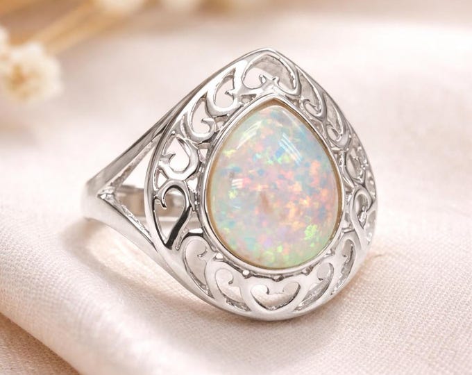White Gilson Opal Teardrop Filigree Ring, 925 Sterling Silver October Birthstone