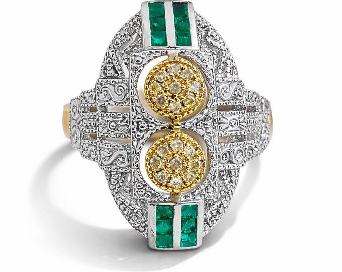 Art Deco Emerald and Diamond Ring 925 Sterling Silver