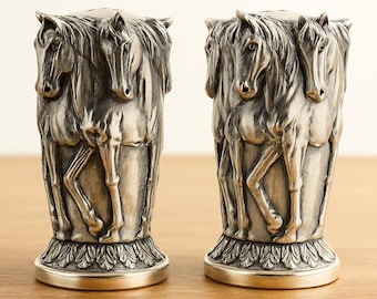 Vintage Style Horse Salt and Pepper Shakers Detailed Silver Plate Figurine Shaker Set Equestrian Kitchen Collectible Gift