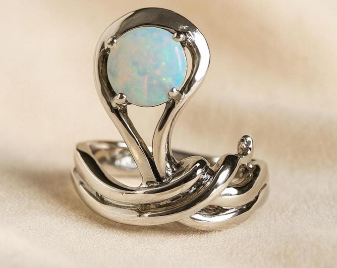 925 Sterling Silver Swirl Ring with Gilson Opal Modern Art-Inspired Statement Jewelry Gift for Her