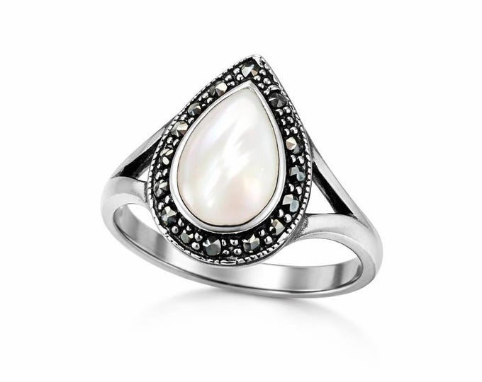 Vintage Inspired Art Deco Ring 925 Sterling Silver Mother of Pearl Teardrop Ring