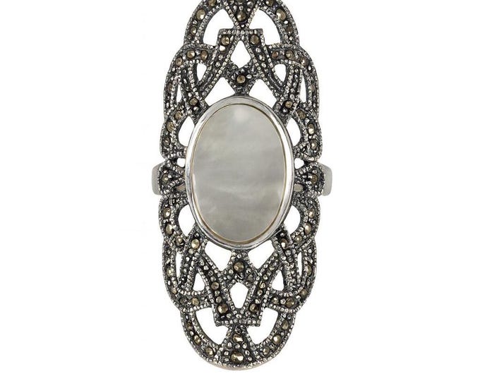Vintage Style Sterling Silver Filigree Ring with Mother of Pearl Oval and Marcasite Accents Art Deco Statement Jewelry