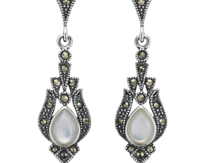 925 Sterling Silver Dangle Earrings with Mother of Pearl Teardrop Stone Vintage Inspired Drop Earrings, Boho Statement Jewelry