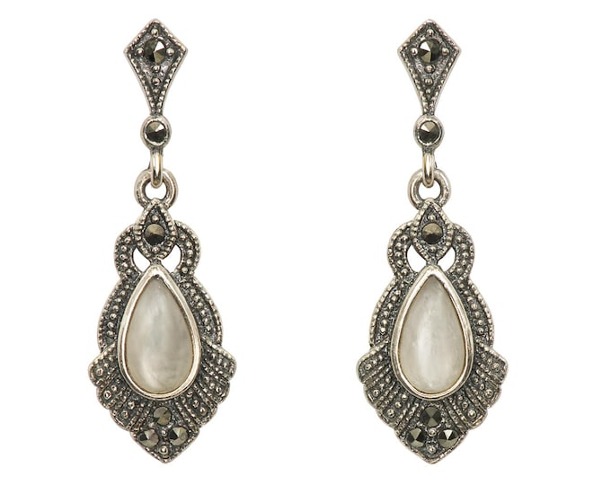 925 Sterling Silver Dangle Earrings with Mother of Pearl Teardrop Stone Vintage Inspired Drop Earrings, Boho Statement Jewelry