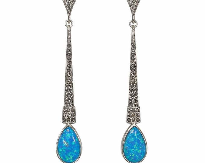 Long Art Deco Inspired White Blue Gilson Opal and Marcasite 925 Sterling Silver Earrings