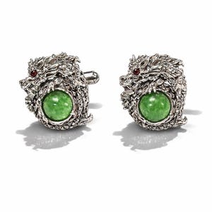 Antique Style Ruby and Jade Dragon 925 Sterling Silver Cuff Links Mens Gift