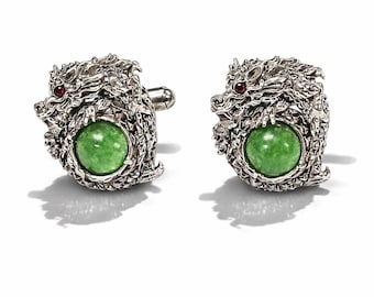 Antique Style Ruby and Jade Dragon 925 Sterling Silver Cuff Links Mens Gift